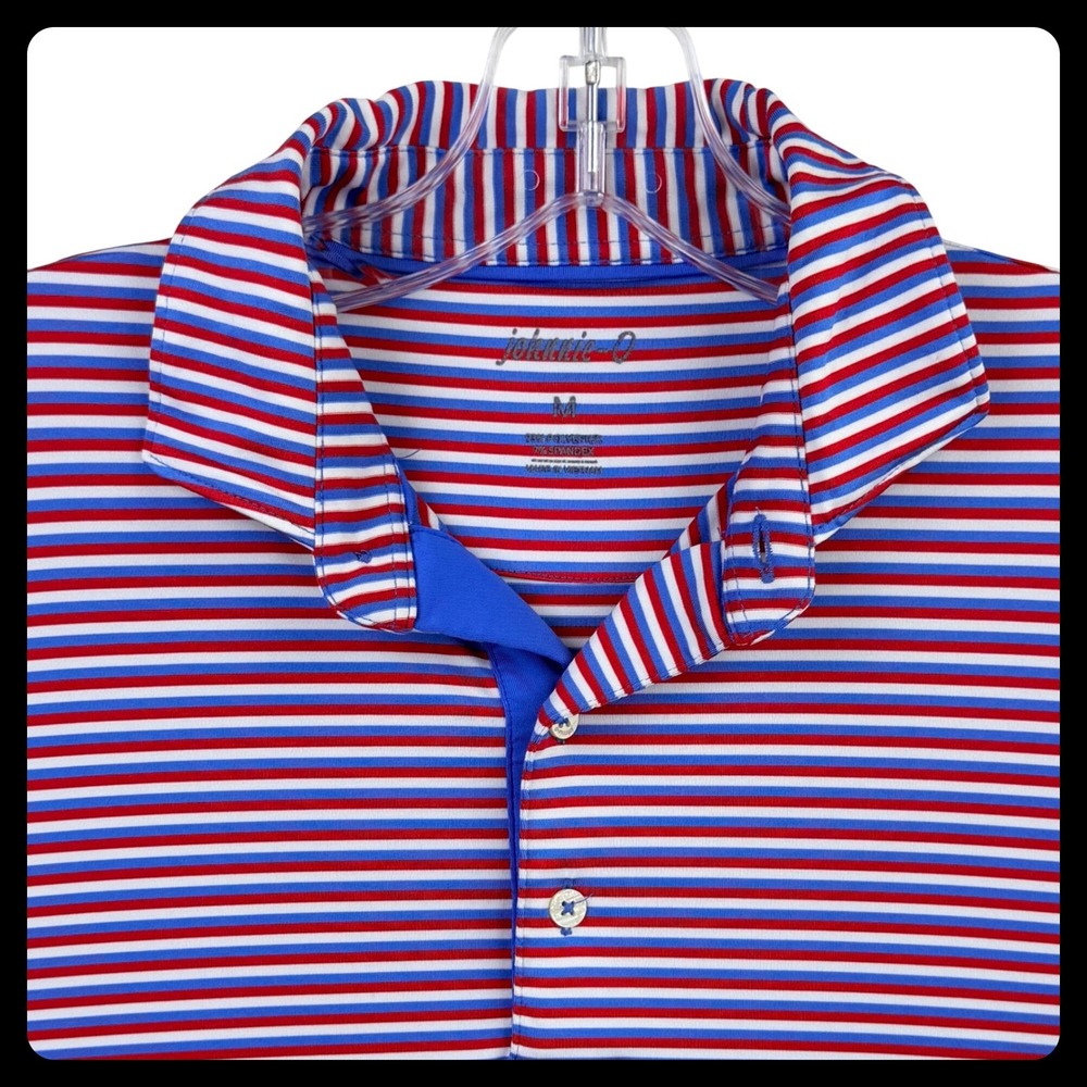 Johnnie-O Blaine Polo Shirt Men Medium Red White Blue Stripe Performance Stretch